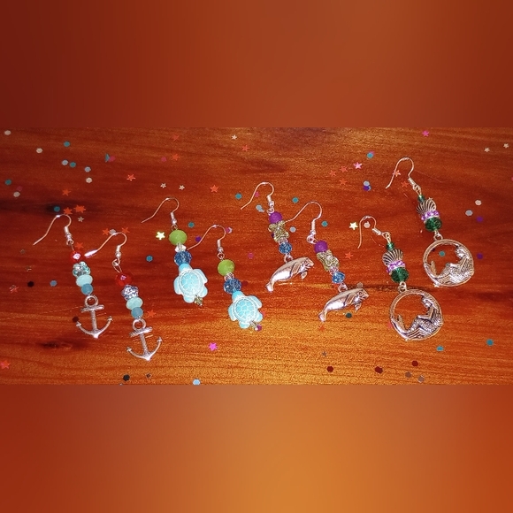 Nautical Sea Life Ocean Beaded Charm Earrings Unique Sparkly Handmade - Picture 7 of 12